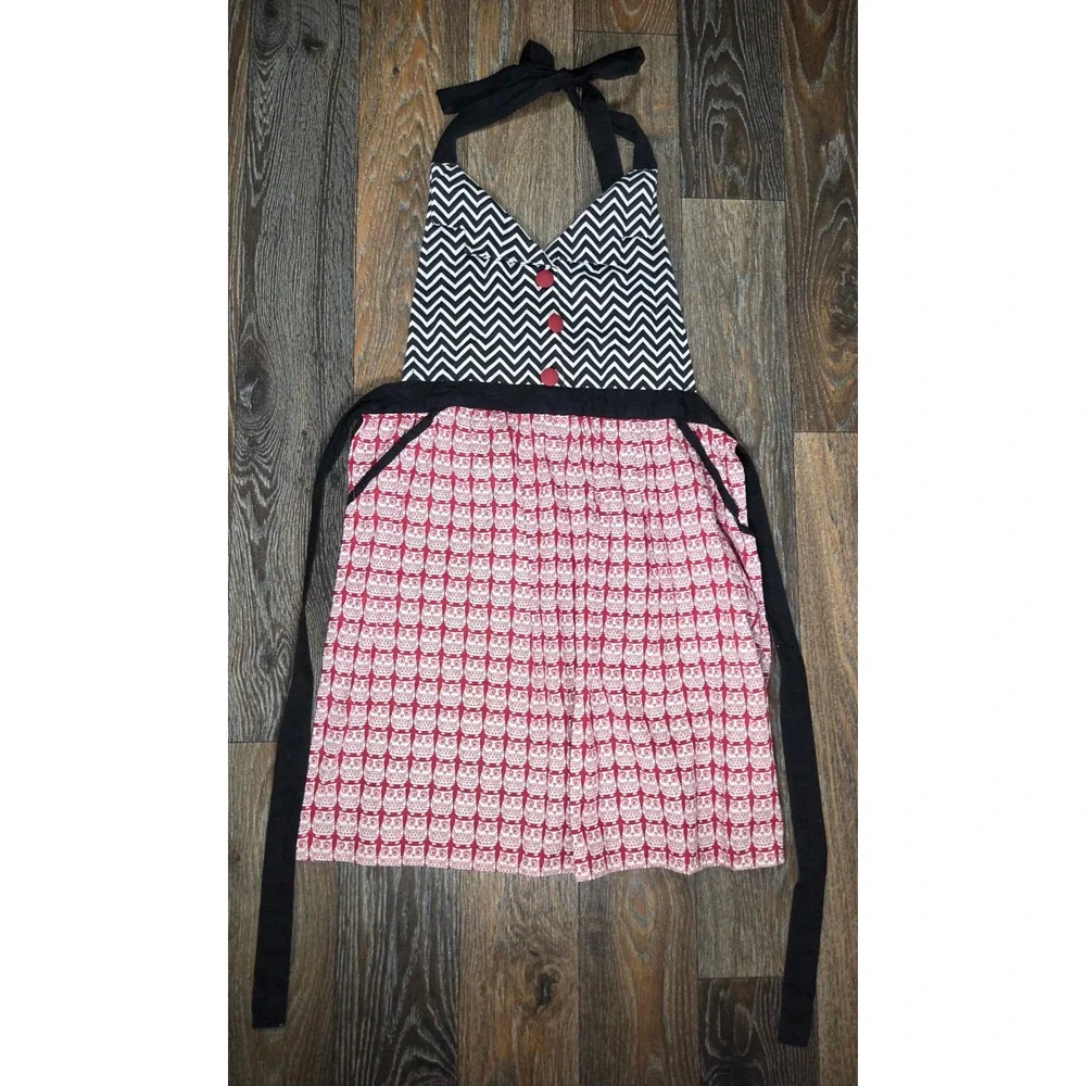 Cynthia Rowley Owl Chevron Print Cotton Halter Apron Red Black White Pockets
